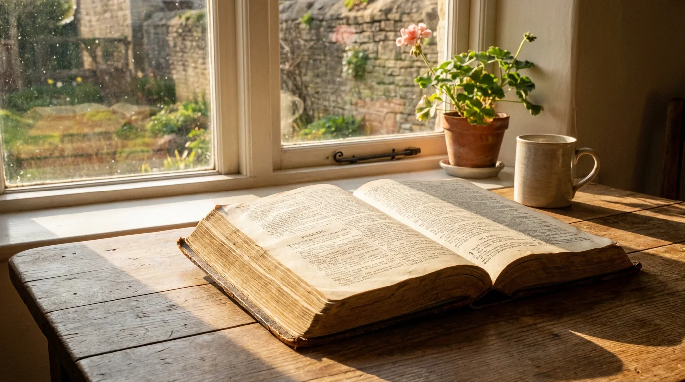 A peaceful morning scene with an open Bible by a sunlit window.