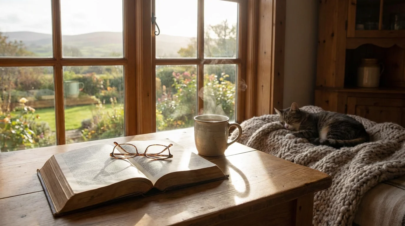 Peaceful morning scene with an open Bible and a warm mug by a window.