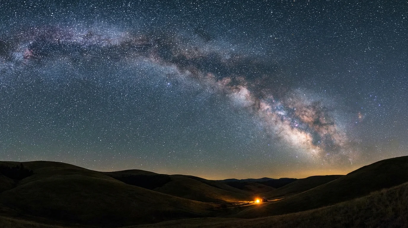 A calm starry night over gentle hills with a single warm light in the distance.