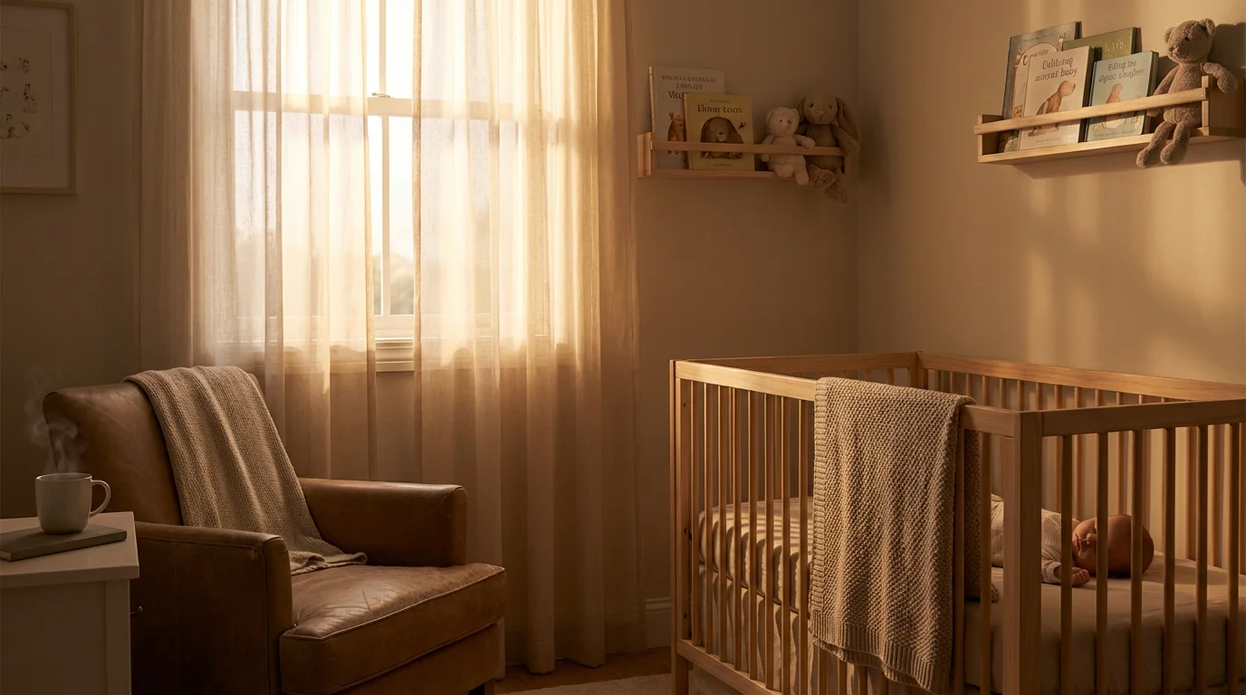 A peaceful nursery at dawn with a crib, rocking chair, and small prayerful touches.