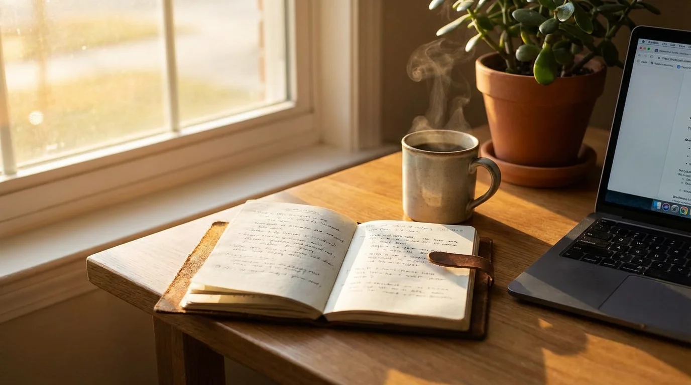 A calm morning workspace with sunlight, a notebook, and a coffee mug, suggesting a fresh start.