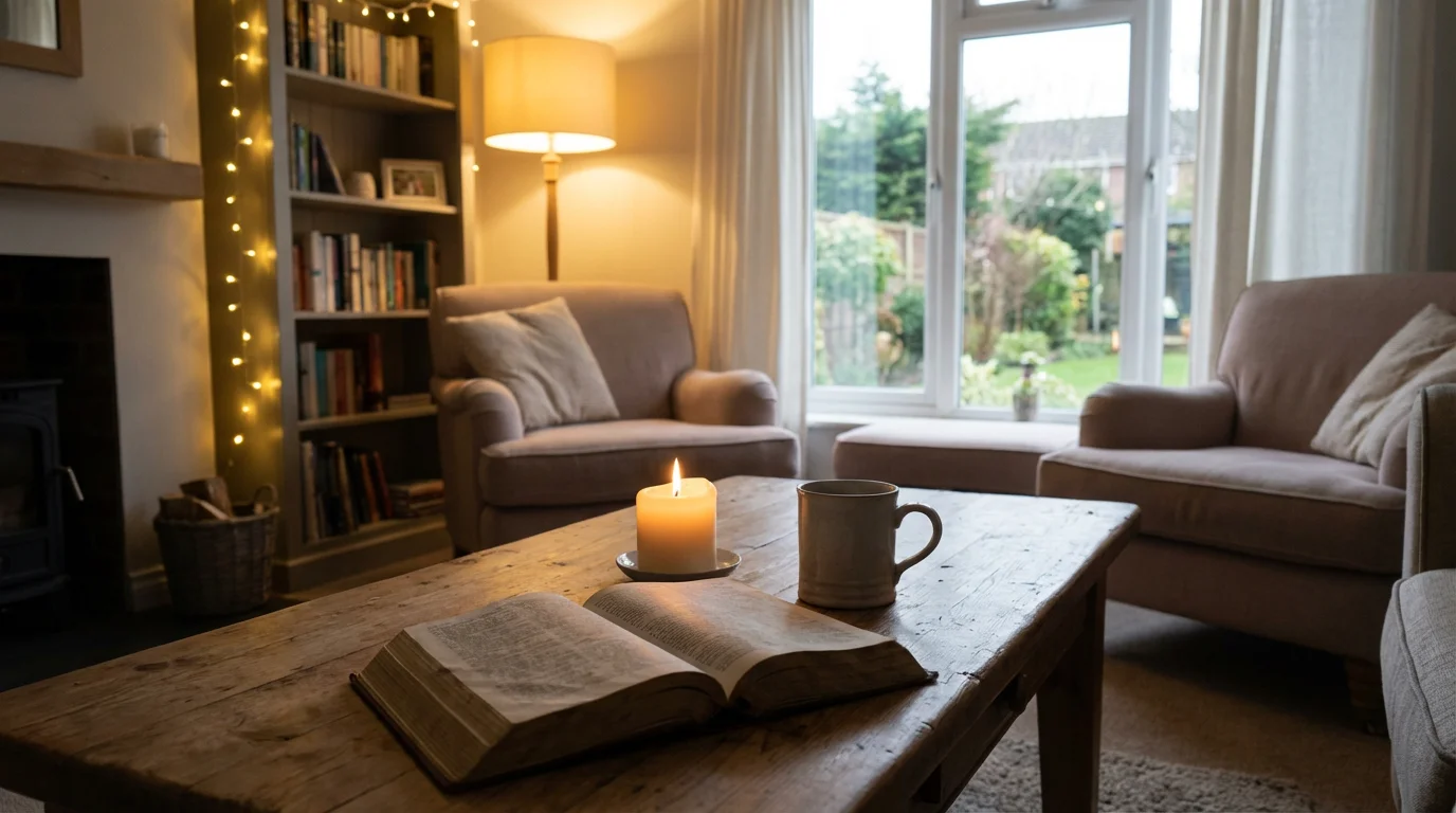 A calm living room scene with a candle, open Bible, and warm light suggesting Sabbath rest.