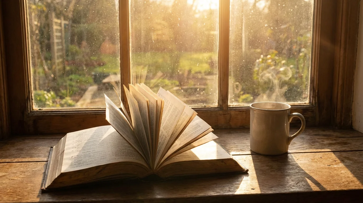 A quiet morning setting with an open Bible and a warm mug by a sunlit window.