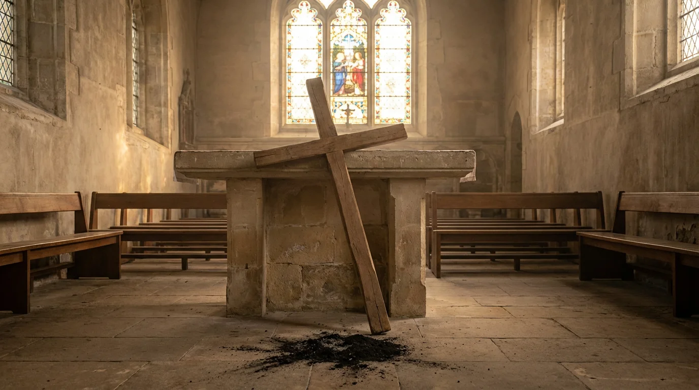 A quiet church sanctuary at dawn with a bowl of ashes near a wooden cross.