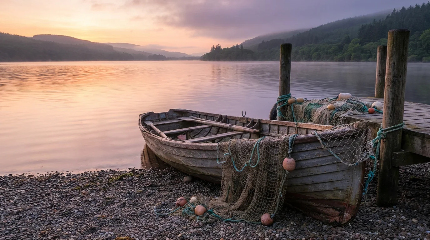 A quiet lakeshore at dawn with a small wooden fishing boat and nets.