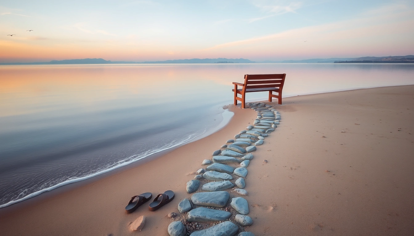 A peaceful sunrise over a quiet shoreline with a simple stone path and bench.