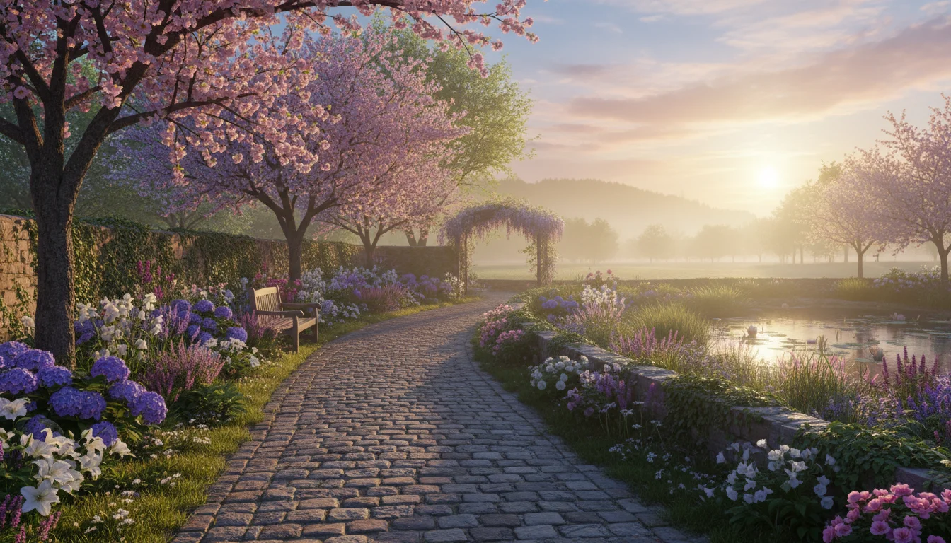 A peaceful garden path at sunrise inviting quiet reflection.