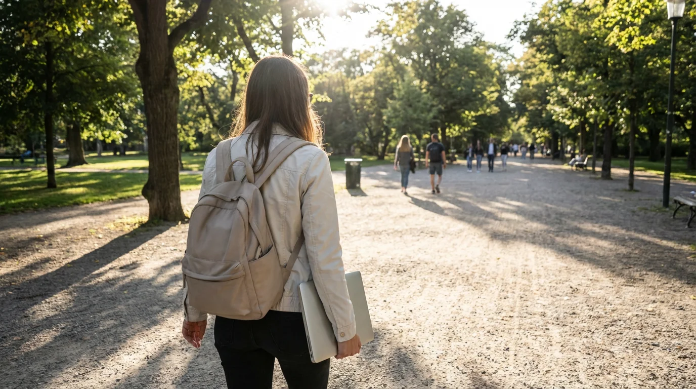Person walking through a sunlit park path with a closed laptop and calm posture.