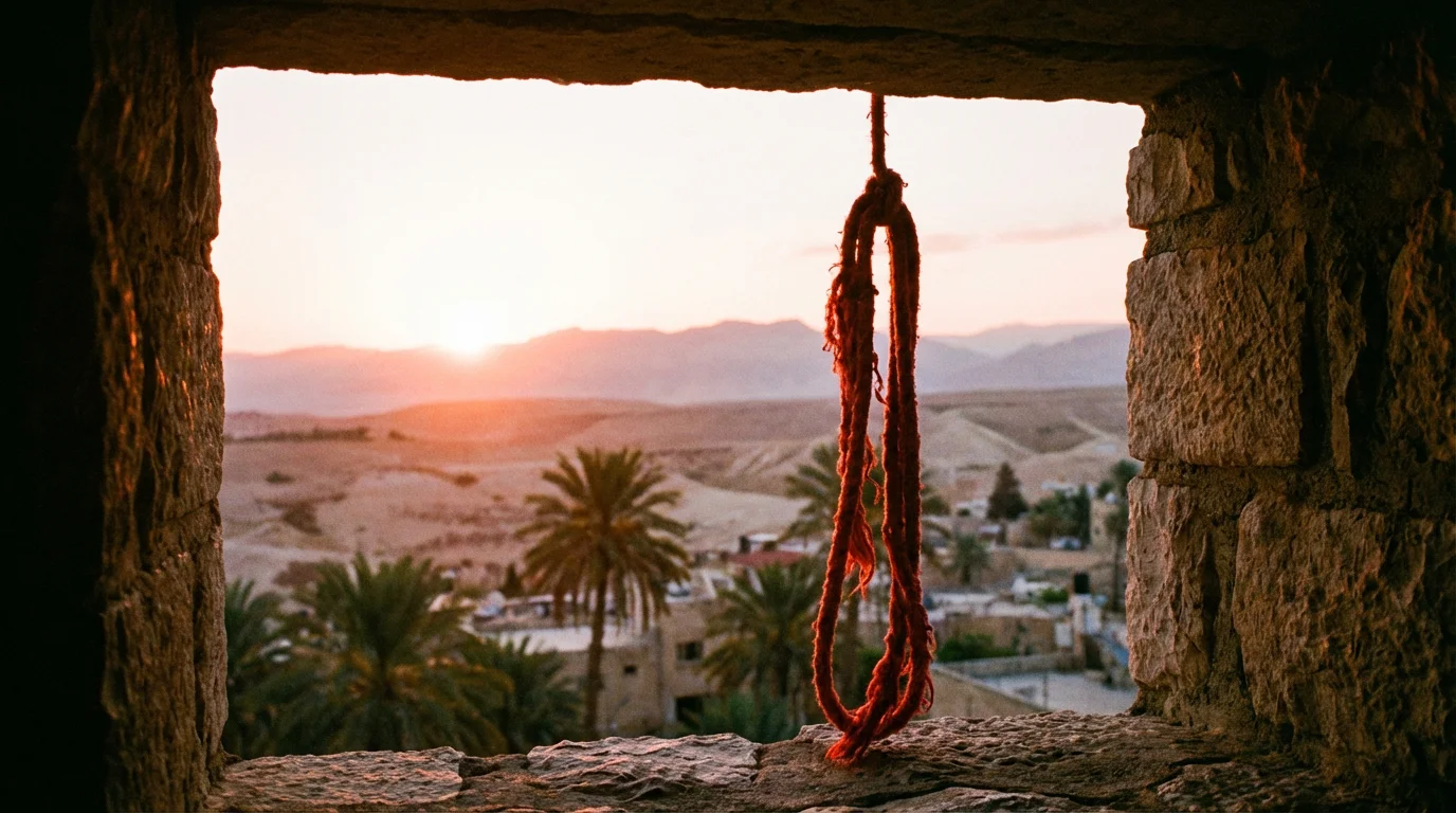 A scarlet cord hangs from a window in Jericho’s wall at dawn.