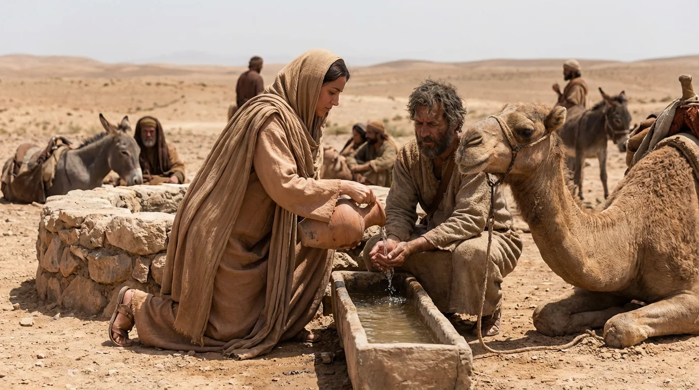 Rebekah offers water at a desert well as a traveler and camels rest nearby.