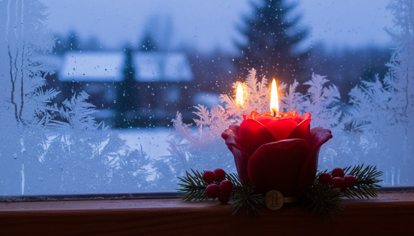 A rose-colored Advent candle glows by a frosted window at dusk.