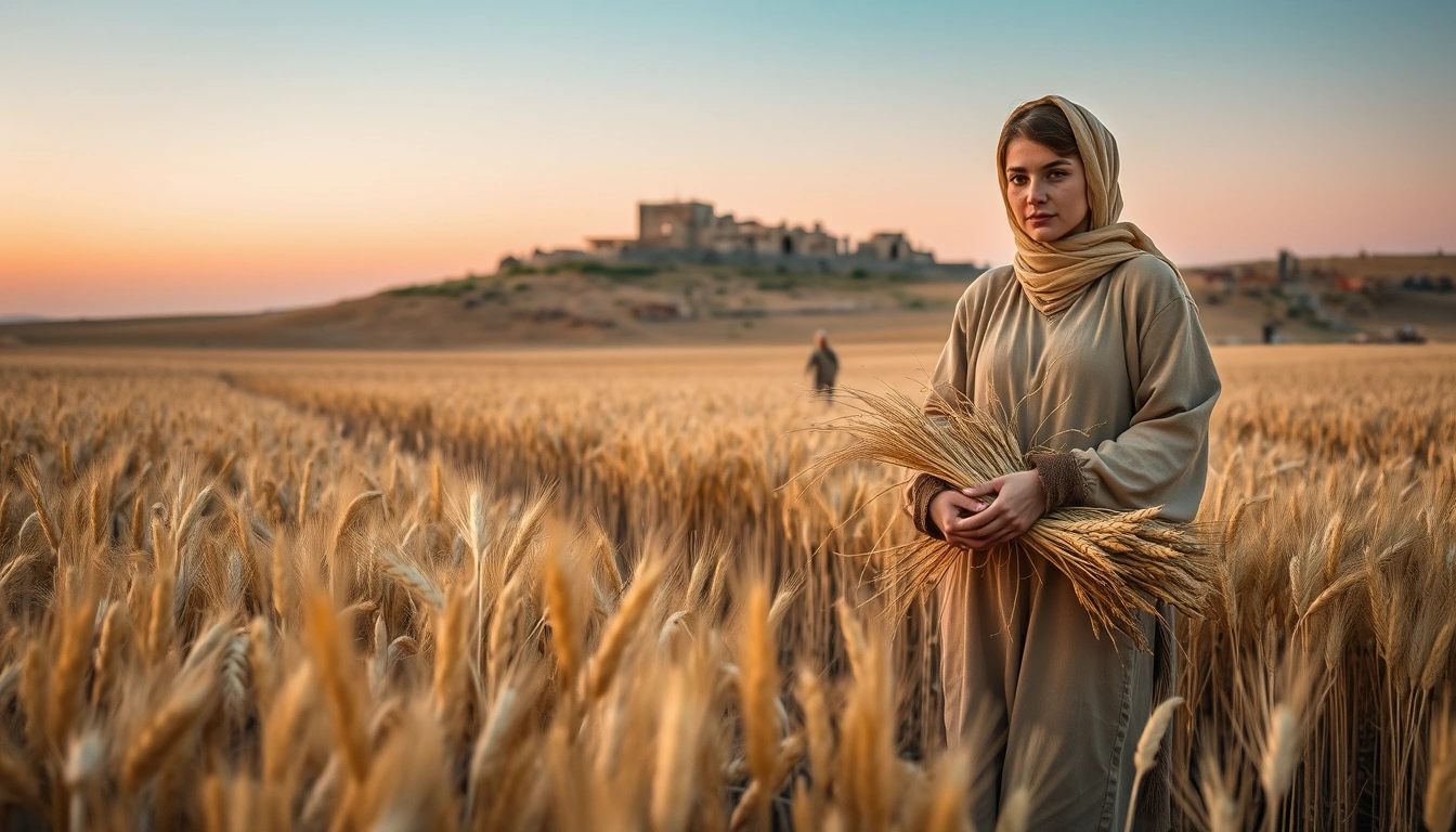 A young woman gleaning barley at dawn, gathering what is left behind.