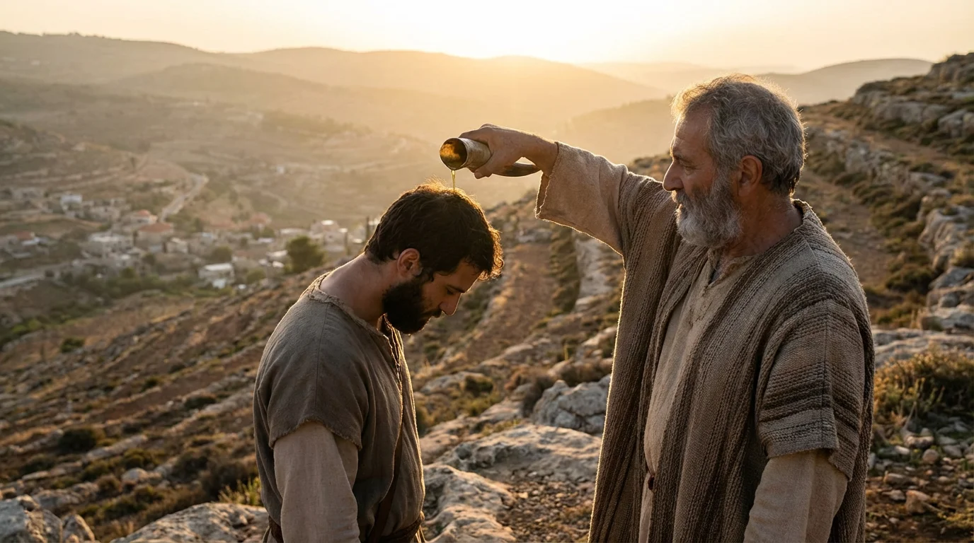 Samuel anoints Saul at dawn on a hillside, a humble sacred moment.
