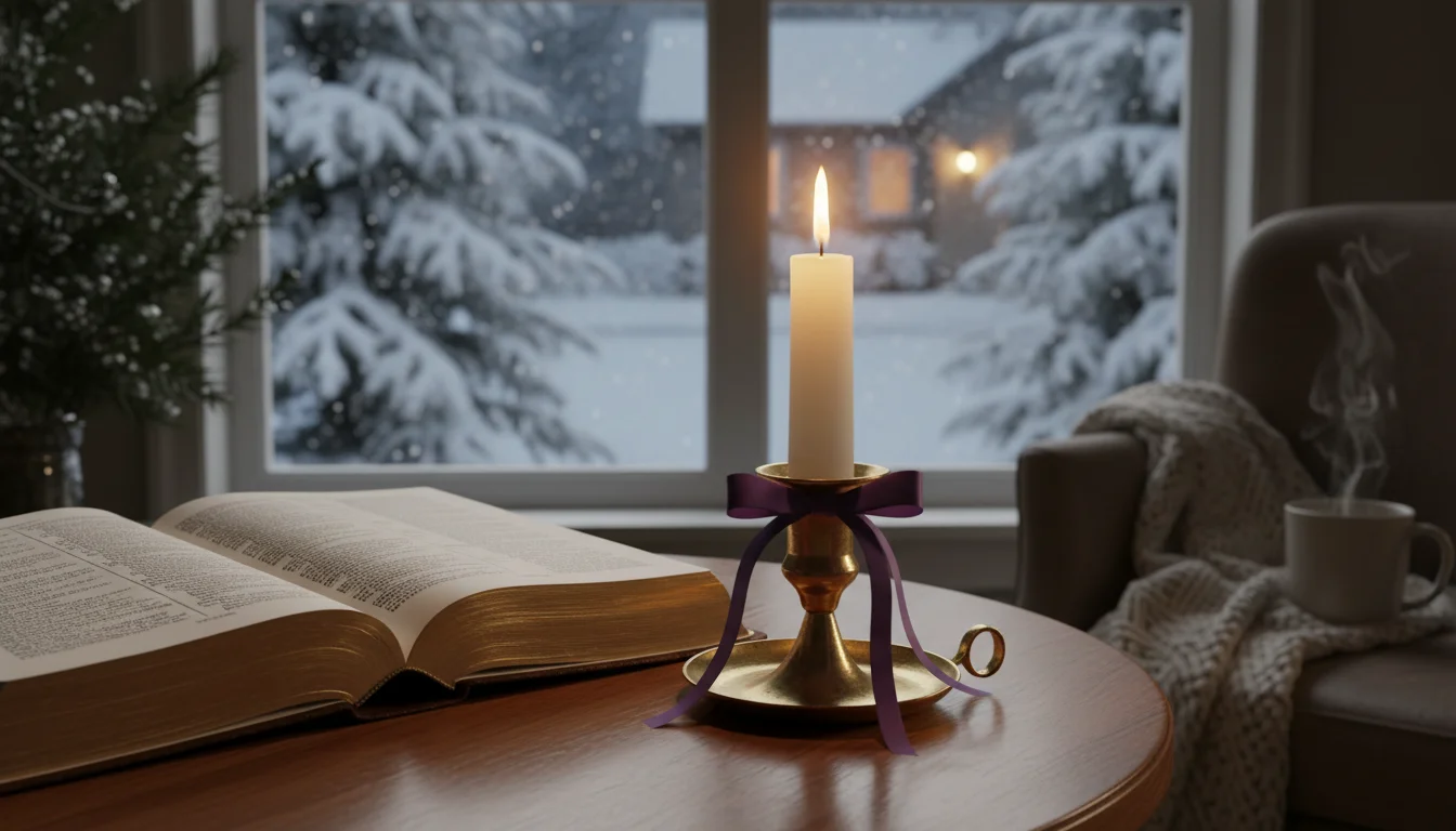 A second Advent candle glows beside an open Bible on a winter evening.