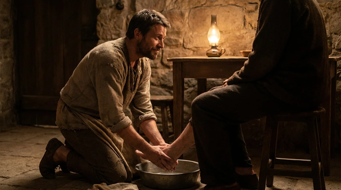 A humble leader kneels to wash someone’s feet in a warm, lamplit room.