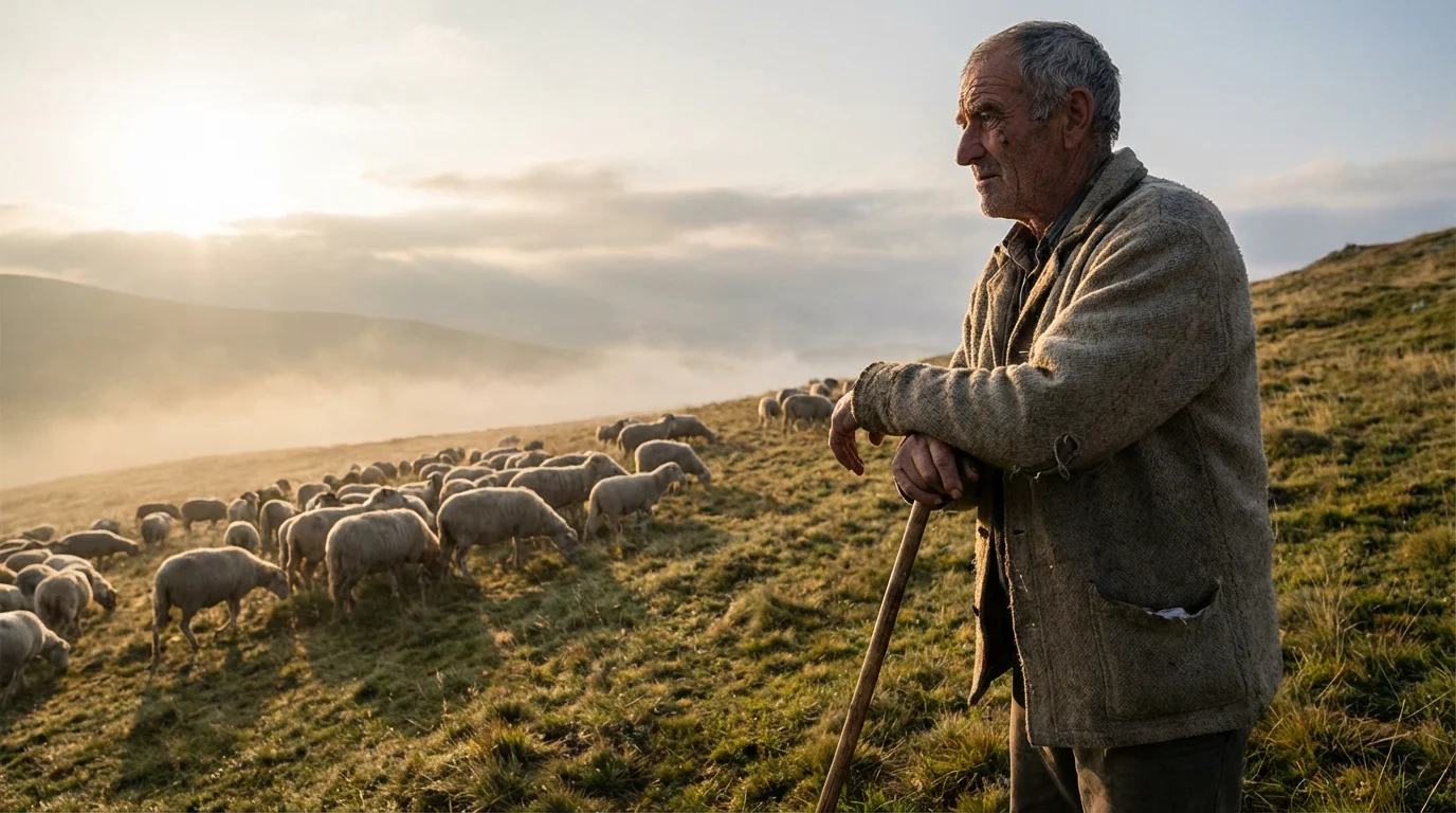 A young shepherd watches his flock at dawn on a quiet hillside.