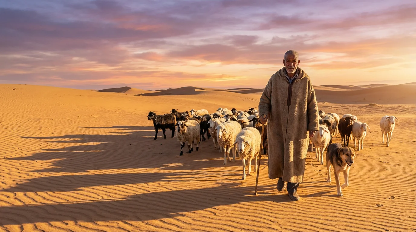 A shepherd with a staff stands at dawn in a quiet desert landscape.