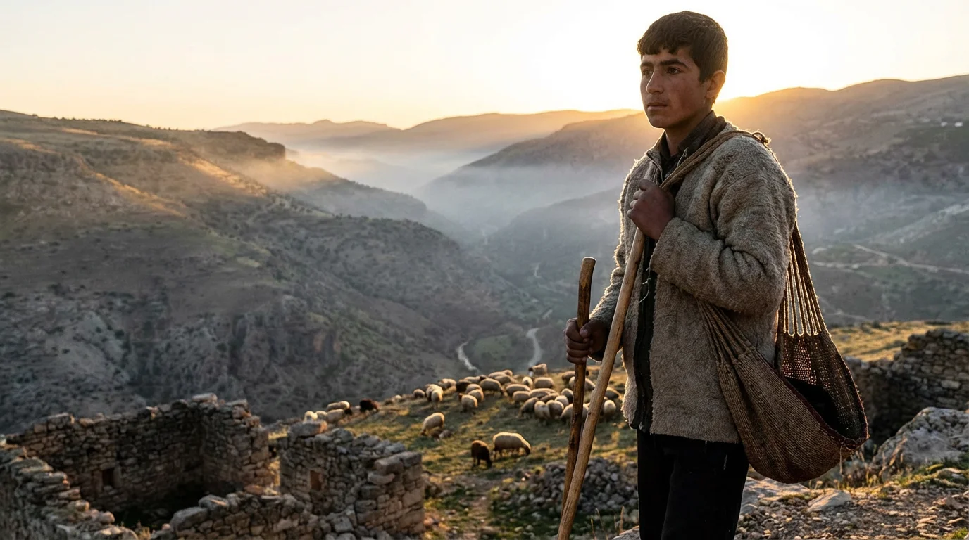 A young shepherd stands at dawn holding a sling and stones in a quiet valley.