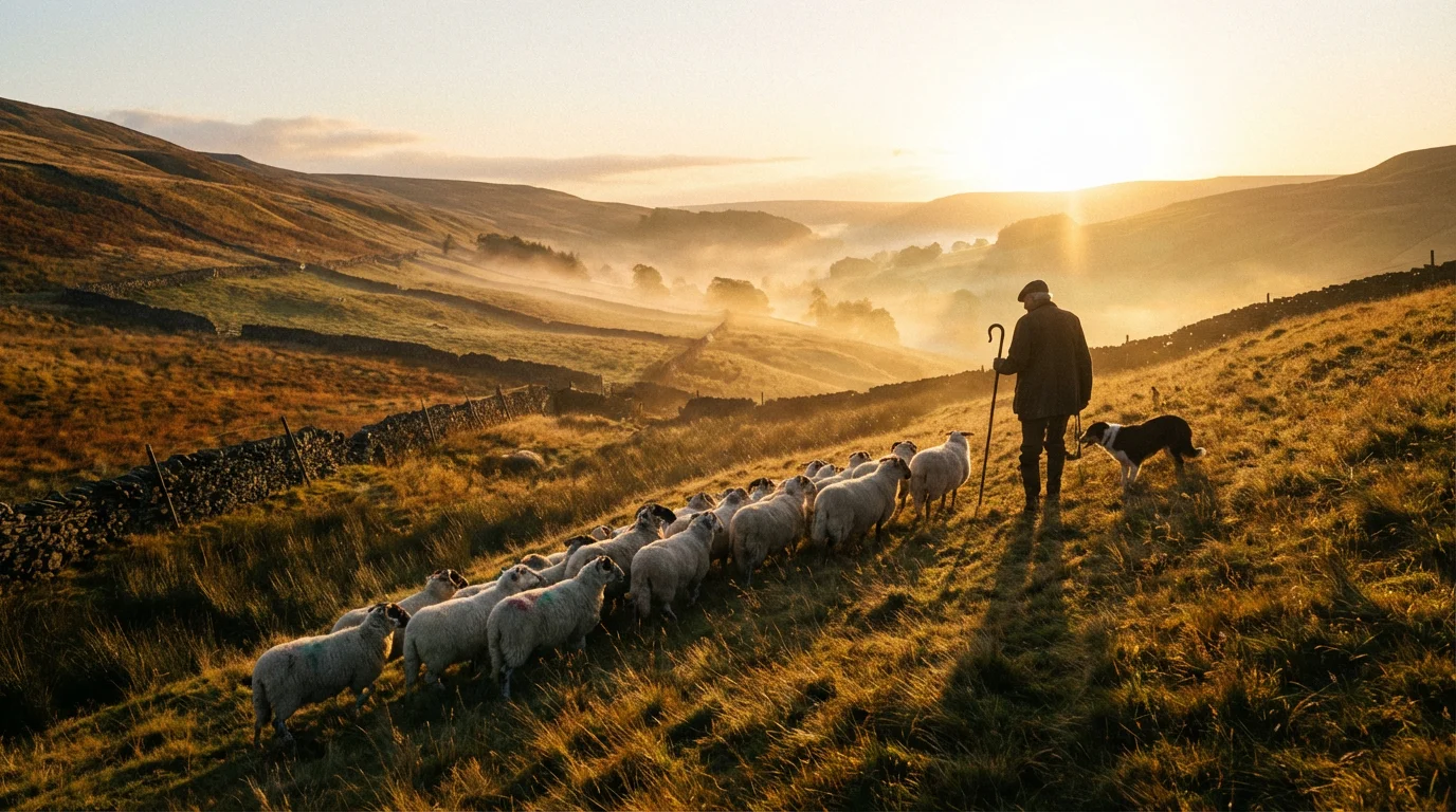 A shepherd guides a small flock along a dawn-lit hillside.