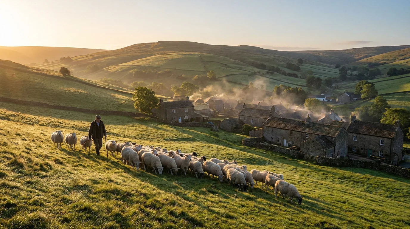 A shepherd with a small flock at sunrise near a hillside village.