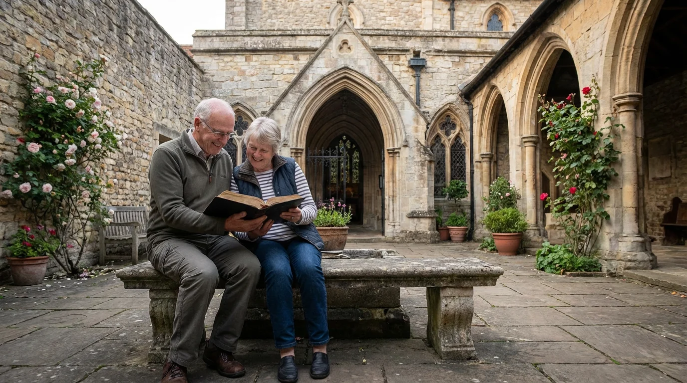 Two people talk gently with an open Bible in a quiet church courtyard.