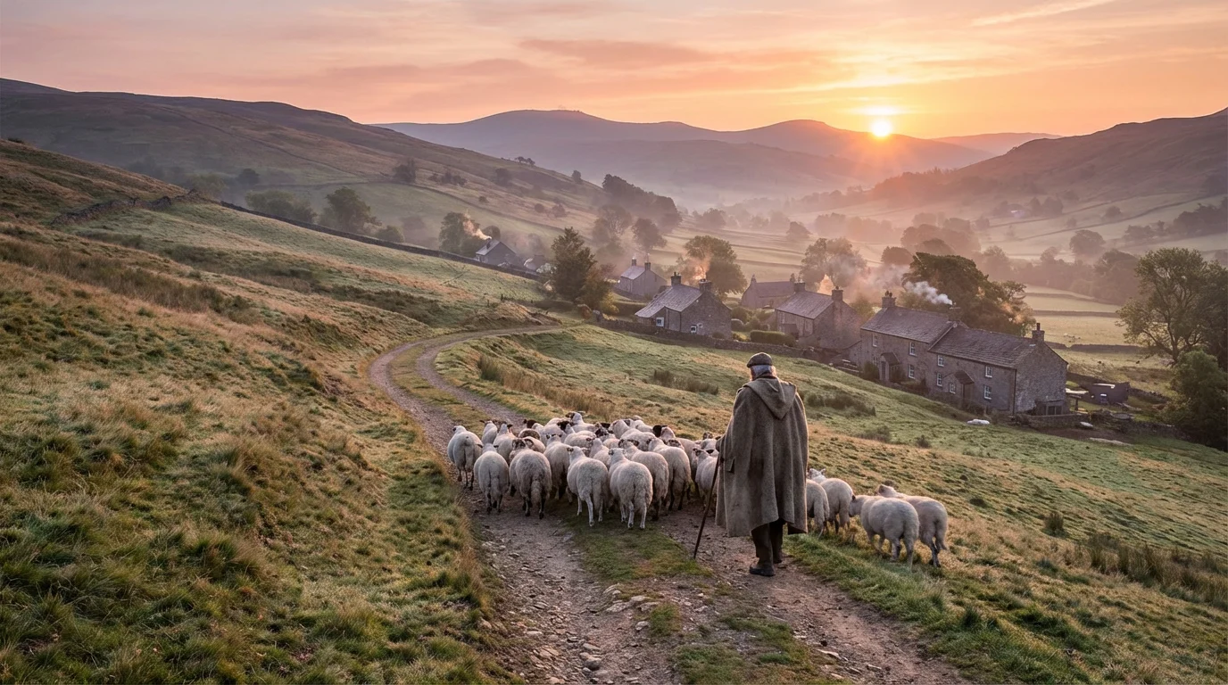 A dawn hillside with a shepherd’s path leading toward a small village.