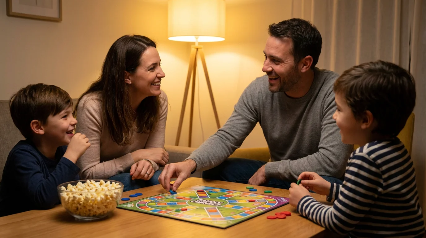 Two siblings and a parent reconcile peacefully over a board game.