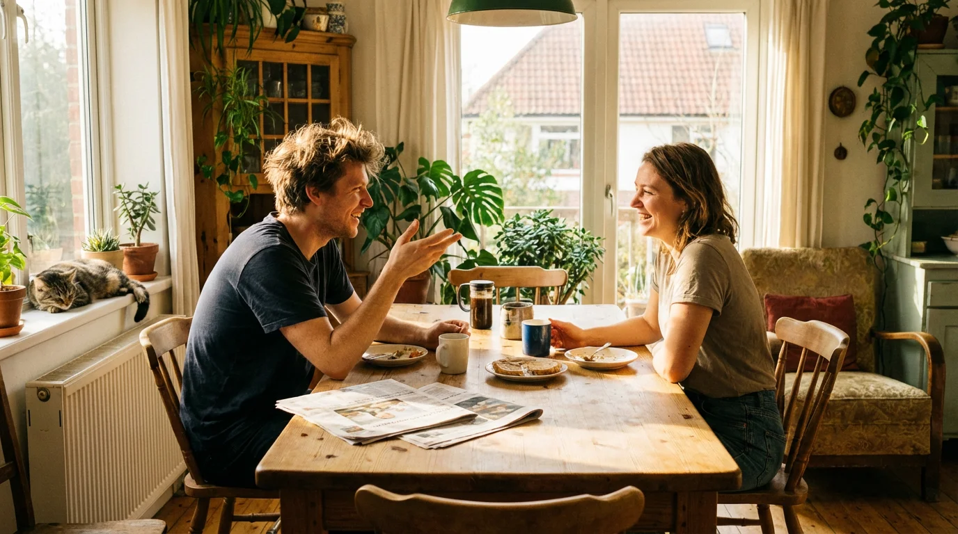 Two siblings share a calm morning conversation at a sunlit kitchen table.
