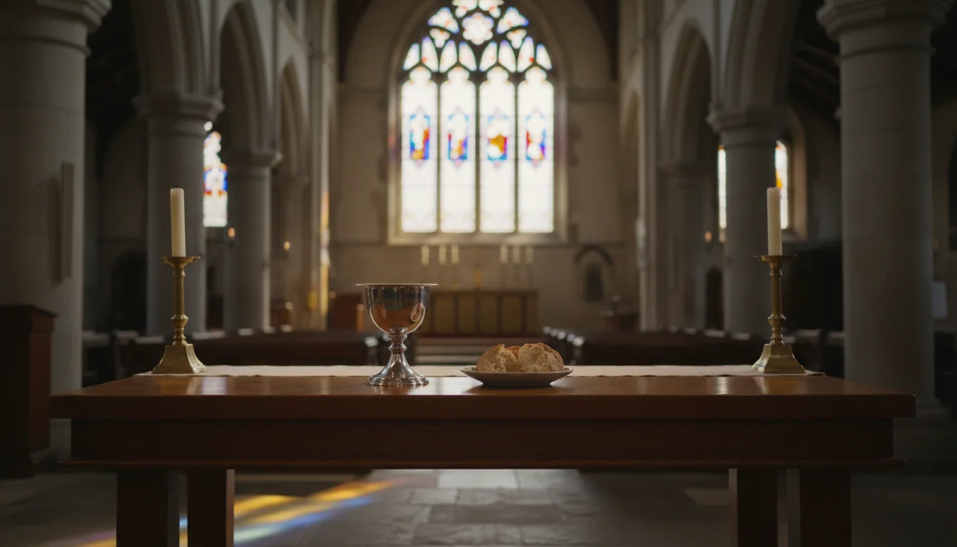 A simple communion table with bread and cup in a softly lit church.