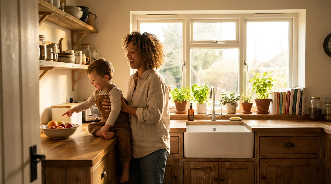 A single parent and child prepare for the day in a sunlit kitchen.