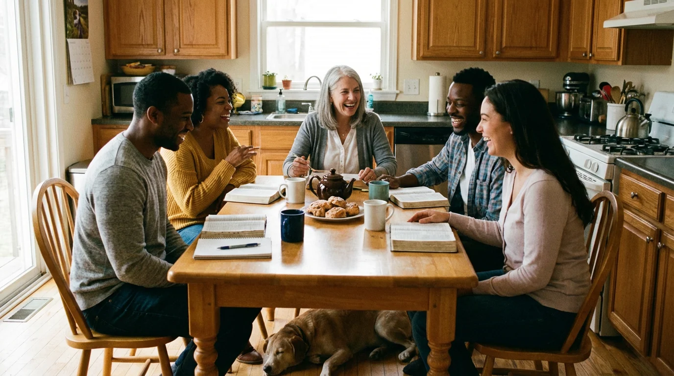 A small group studies the Bible around a kitchen table with a gentle, attentive mood.