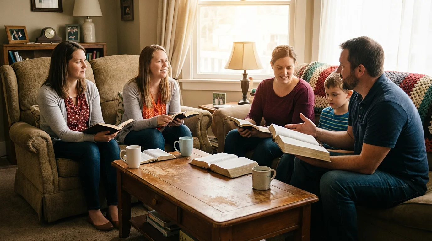 A small group gathers in a cozy living room to read Scripture together.