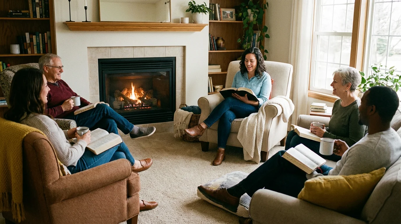 Small group gathered in a cozy living room reading the Bible together.
