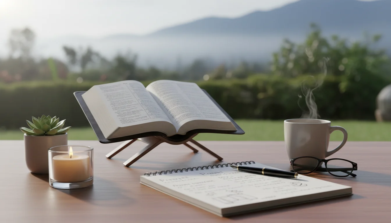 A calm morning scene with an open Bible and notes ready for prayer.