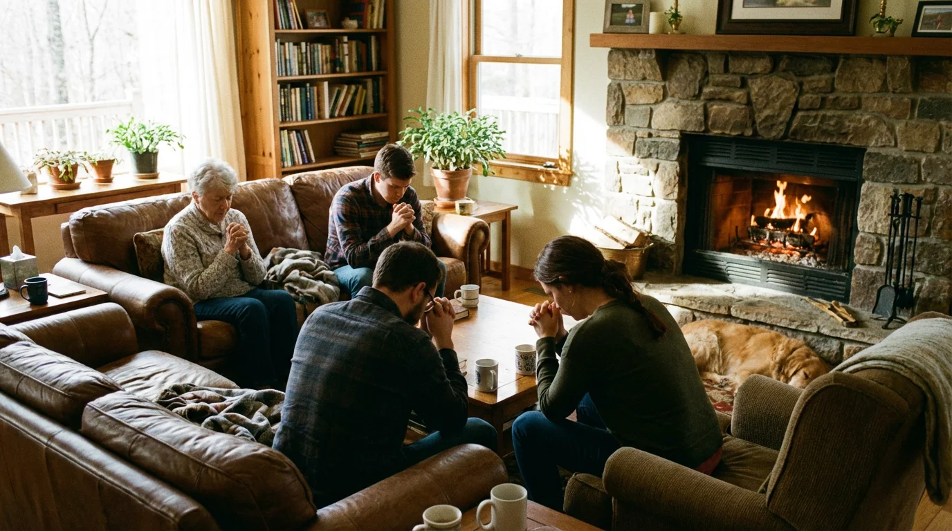 A small group gathered in a cozy living room for prayer.
