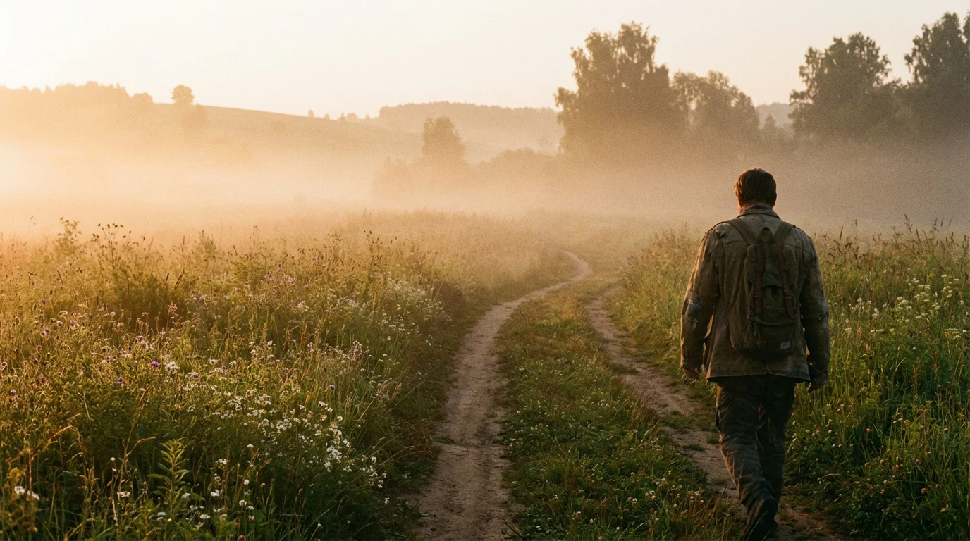 A misty dawn footpath through a meadow, suggesting quiet hope and guidance.