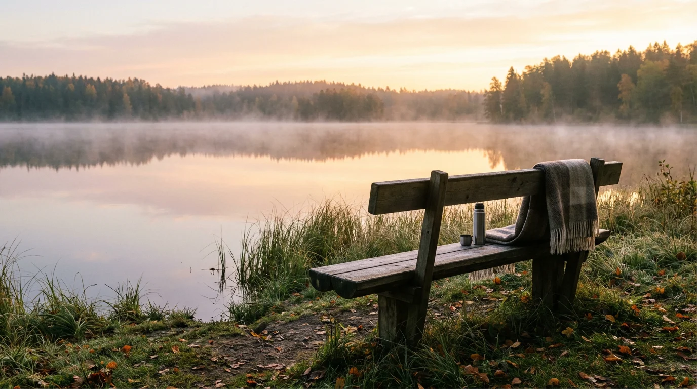 A quiet lakeside bench at dawn with soft light on still water.
