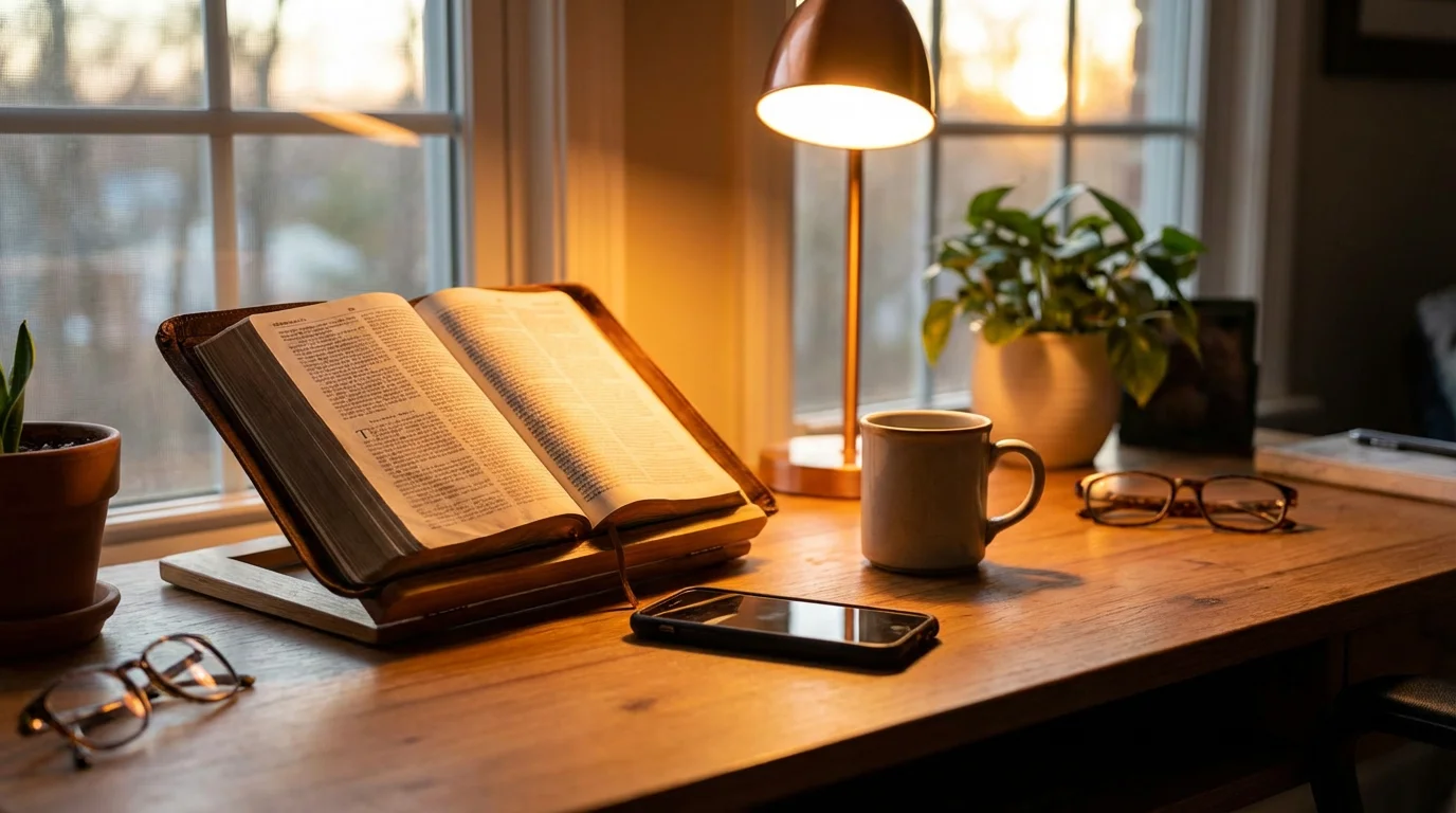 A peaceful desk with an open Bible and phone, suggesting prayerful online engagement.