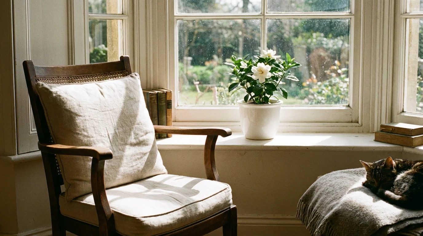 A sunlit, peaceful chair by a window with a folded blanket and single white flower.