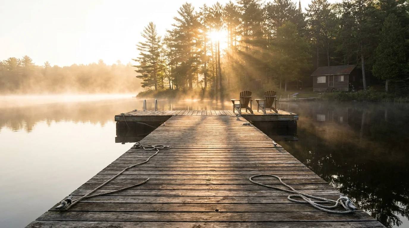 Soft morning light over a quiet lakeside dock, evoking calm hope.