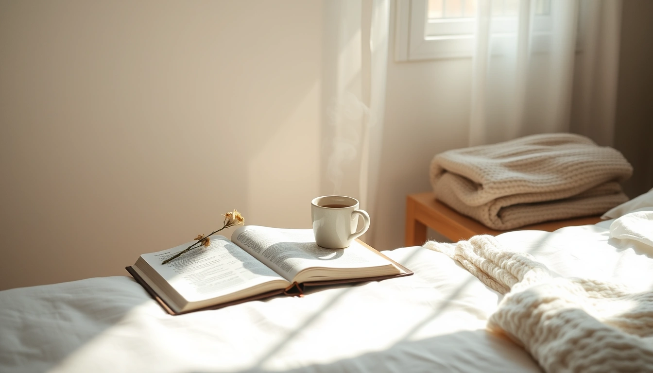 Morning light on an open Bible beside a warm mug, inviting quiet comfort.