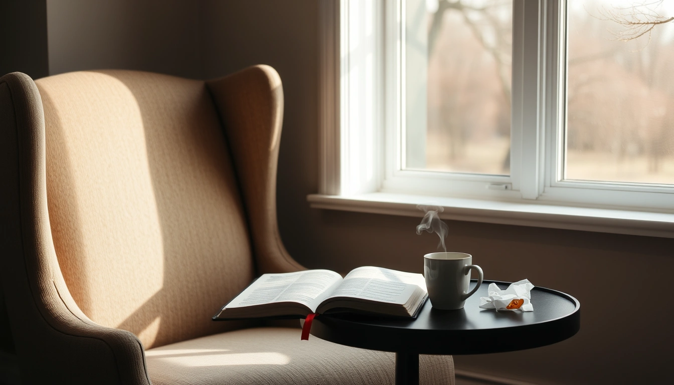 A sunlit quiet room with an open Bible and a warm mug beside an empty chair.