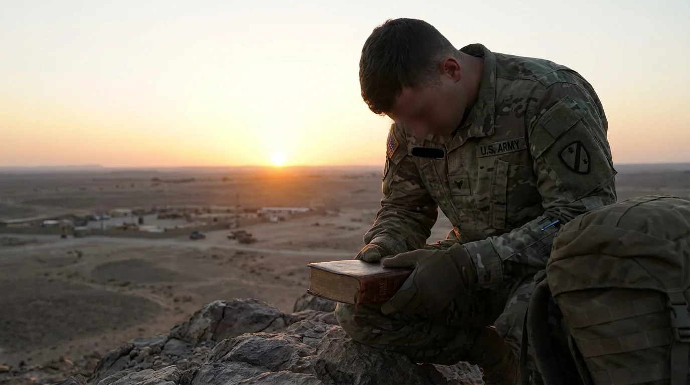 Service member at dawn holding a Bible in a quiet moment of prayer.