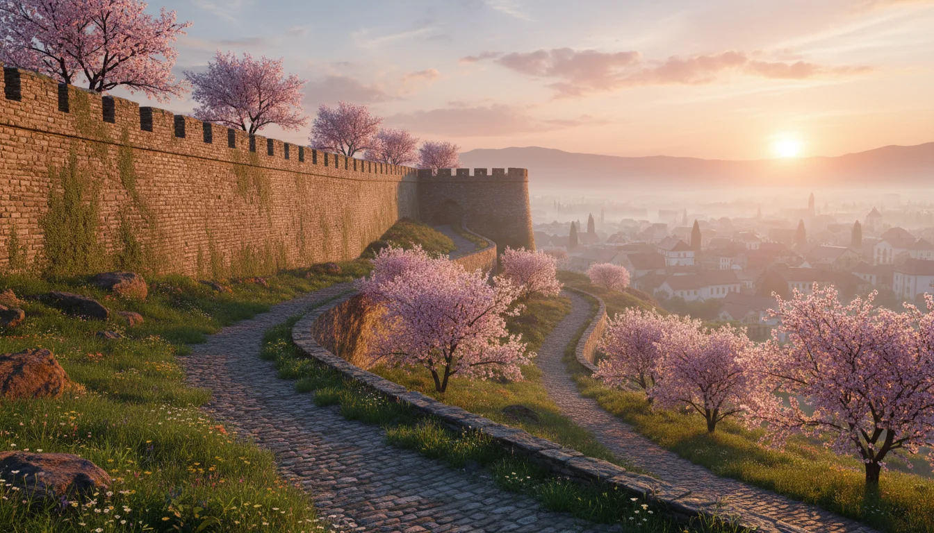Sunrise by an old city wall with a clear spring and a quiet path.