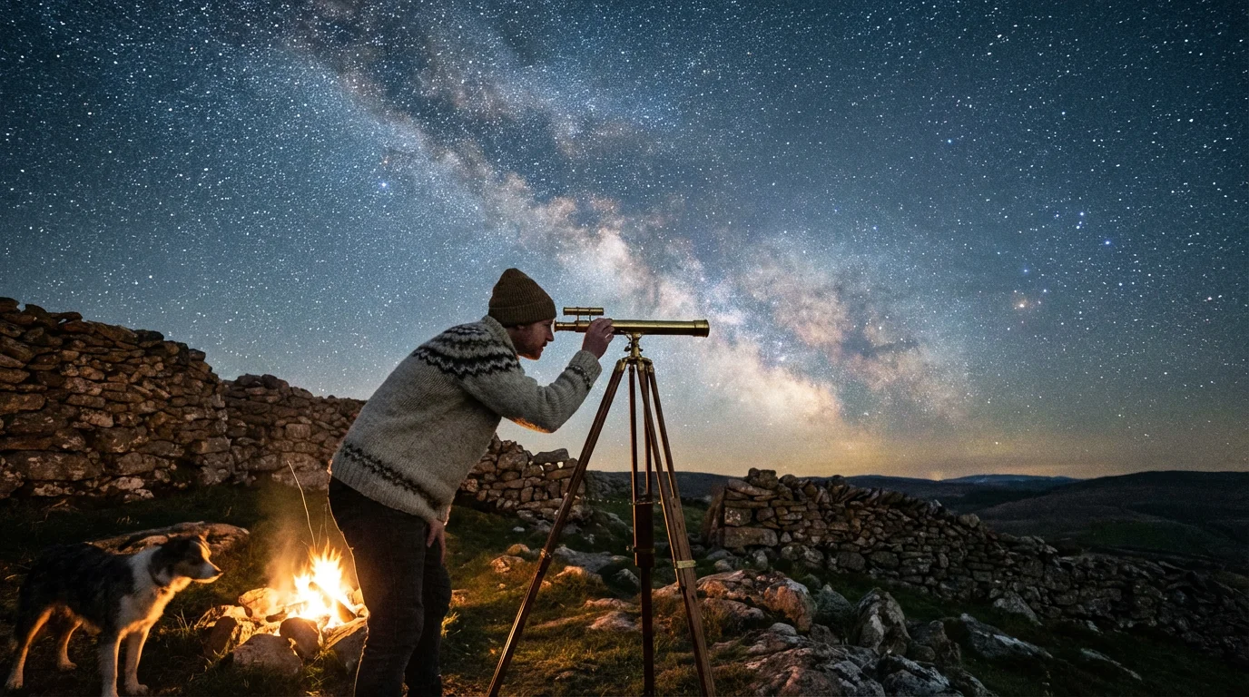 A person using a small telescope beneath a star-filled sky near a quiet observatory.