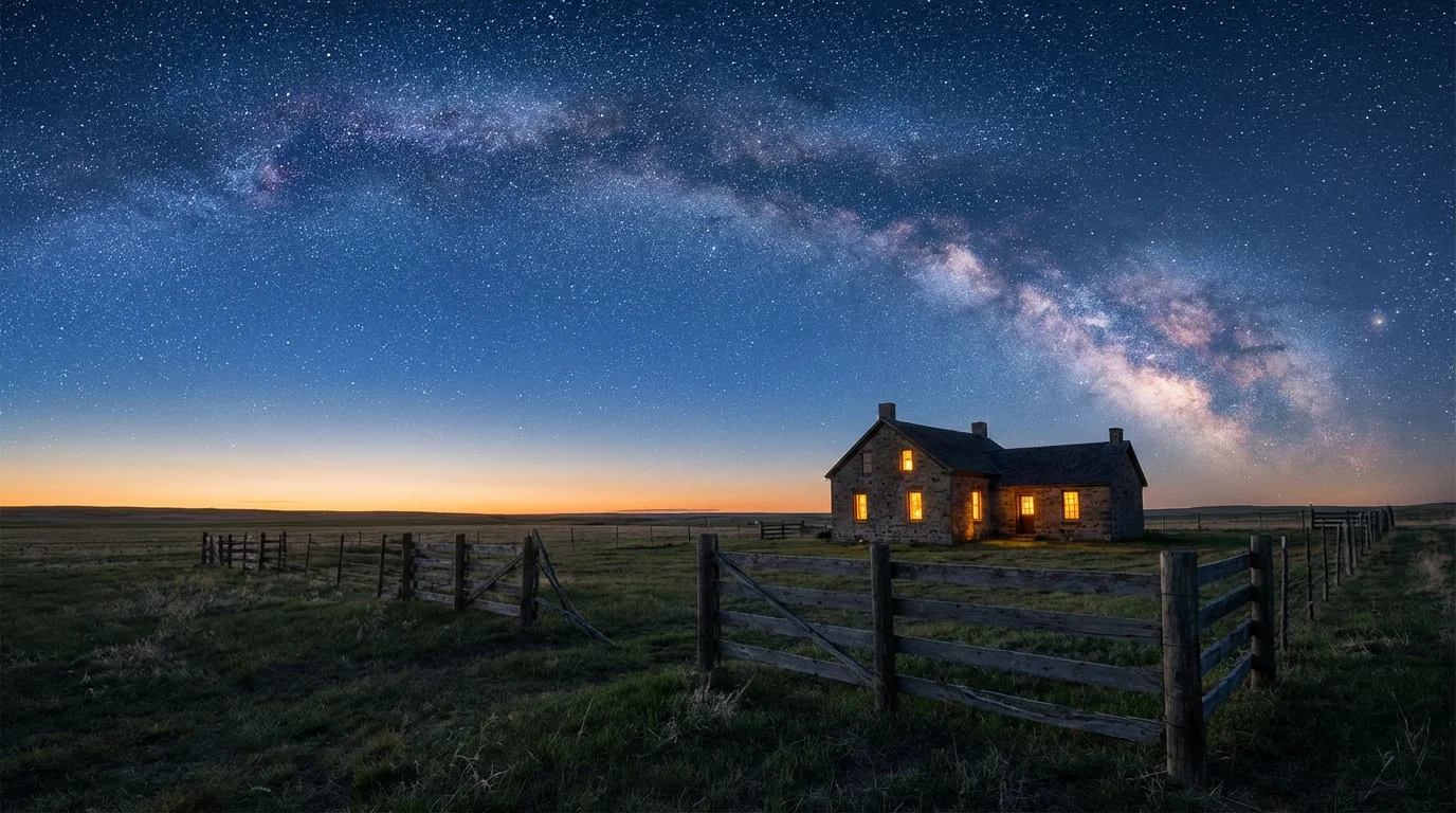 A star-filled pre-dawn sky over a quiet field and farmhouse.
