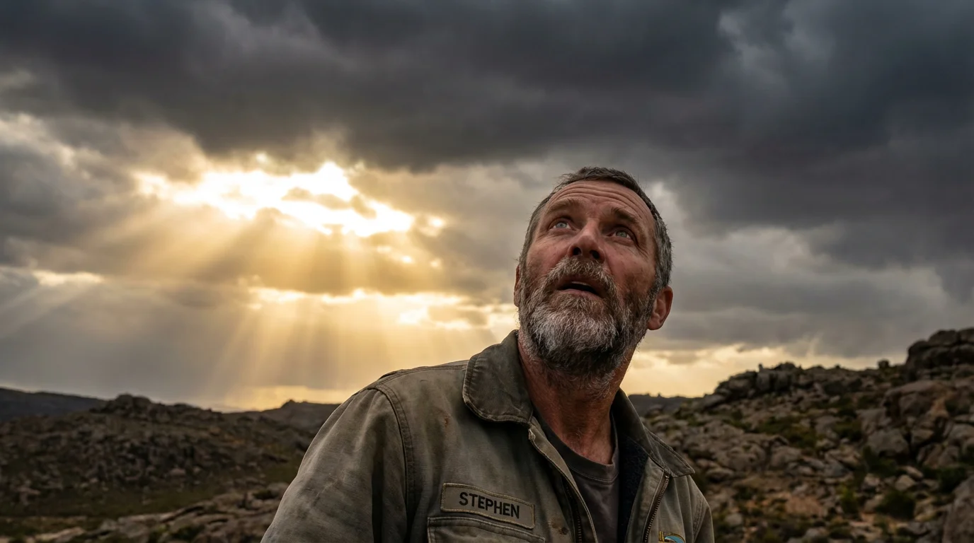 Stephen looks heavenward with calm courage as light breaks through the sky.