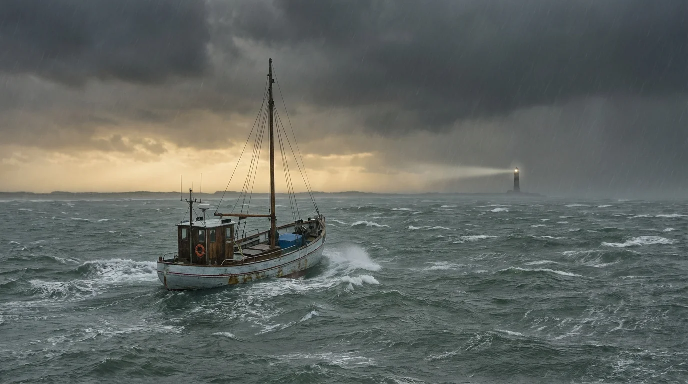 A small ship on a stormy sea with a break of light on the horizon.