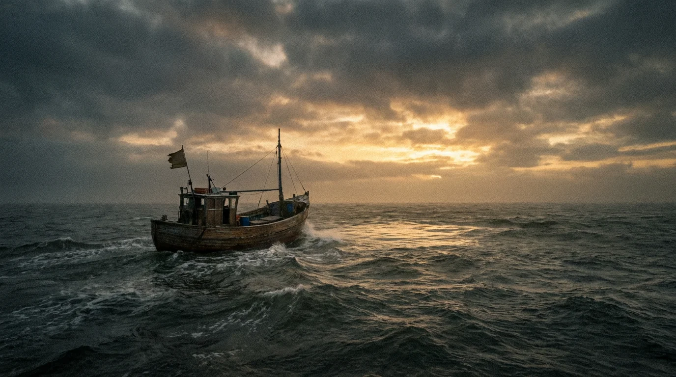 A small ship in a stormy sea at dawn, hinting at flight and hope.