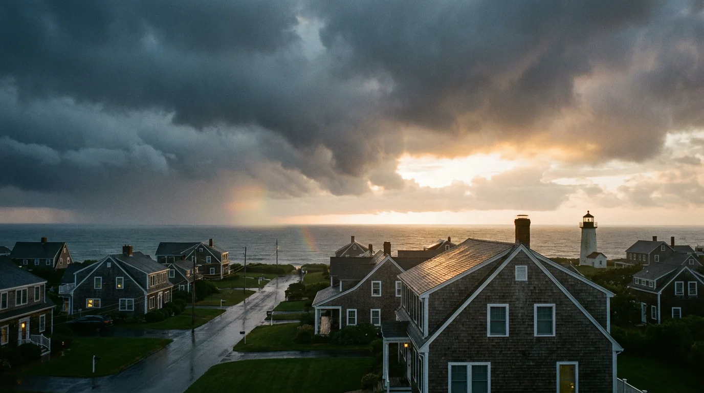 A coastal neighborhood at dawn under storm clouds, holding quiet hope.